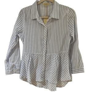LOVE NOTES Blue White Striped Peplum Boho Button Up Top Medium